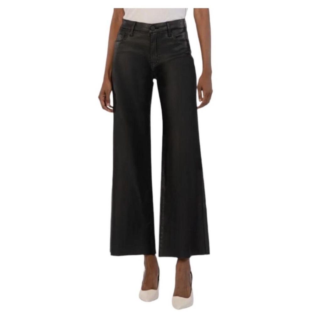 KUT from the Kloth Women's Meg 18W Black Faux Leather Wide Leg Raw Hem‎ Trousers